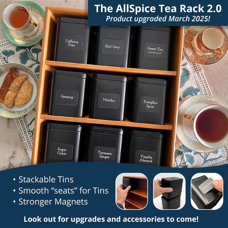AllSpice Tea Organizer Rack with 9 Tins & 160 Magnetic Labels – Perfect for Bagged & Loose Leaf Tea Organization - Black - Image 2